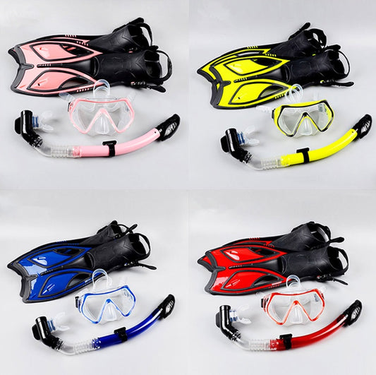 Snorkeling goggles and fin set.